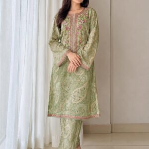 Sage green floral 3-piece suit with pink detailing by Fashoona