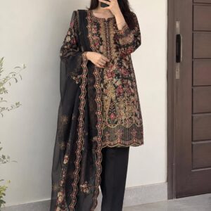 Black floral 3-piece suit with dupatta by Fashoona